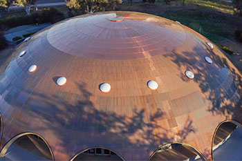 An aerial shot of the Shine Dome, in Canberra.